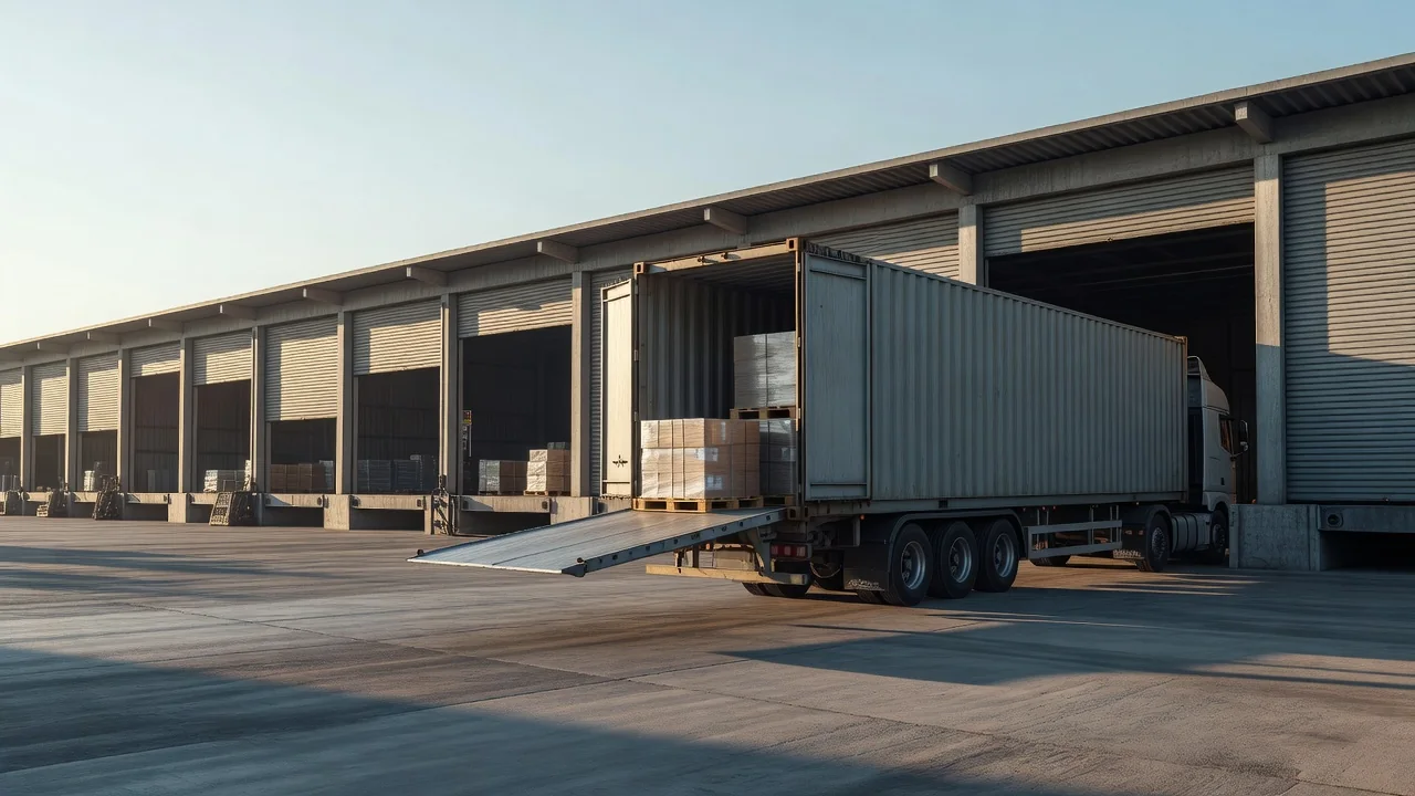 Xe container bốc hàng tại bãi nhà xưởng trong khu công nghiệp